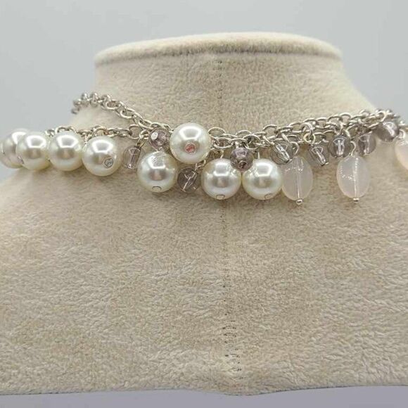 J Crew Silver Tone Faux Pearl Crystal Beads Ball Long Necklace - Picture 3 of 10